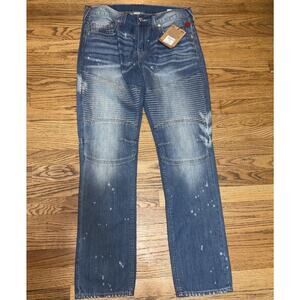 TRUE RELIGION Moto Slim Jeans Sz 34x33 Blue Overlay Biker Motorcycle Y2K Skater